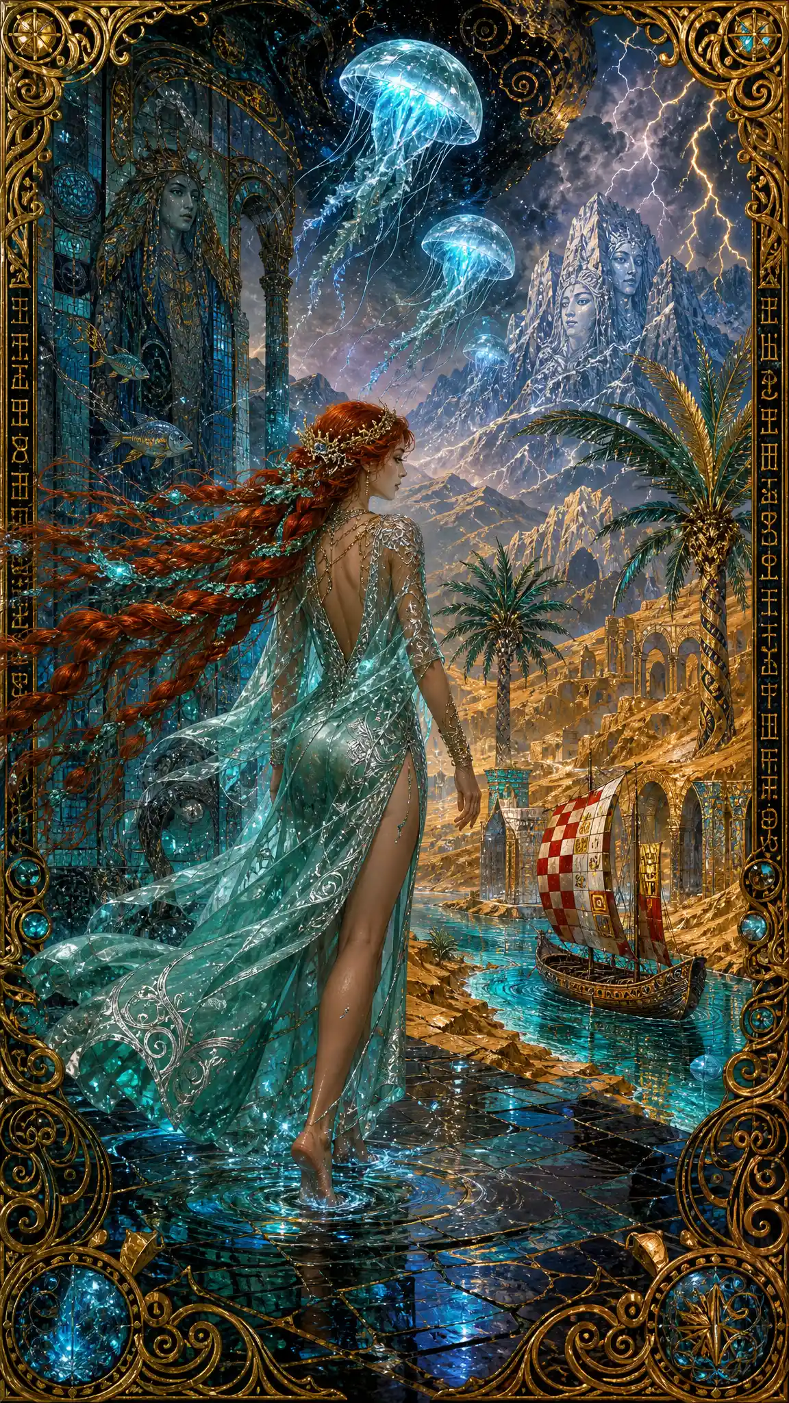 Water nymph princess gliding across glowing flooded tiles