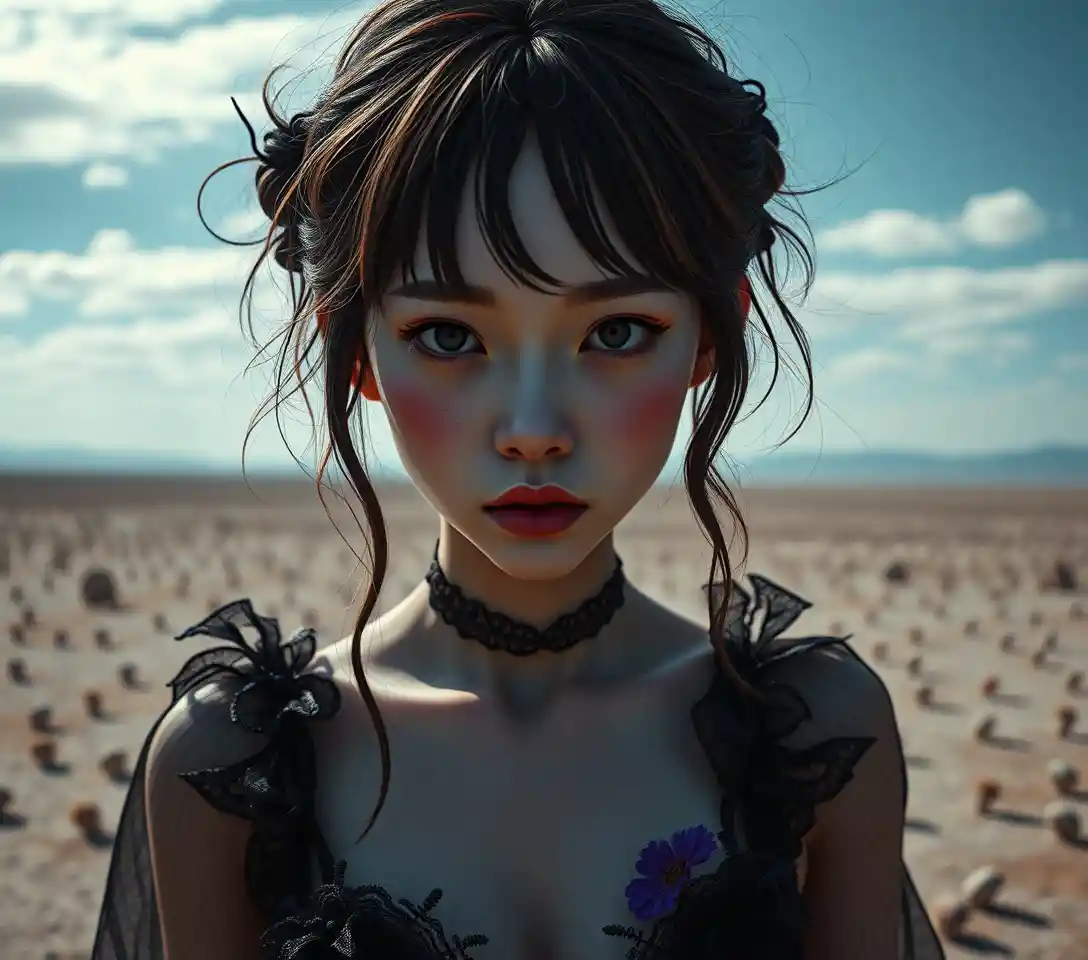 Cinematic portrait of a woman on a vast surreal plain
