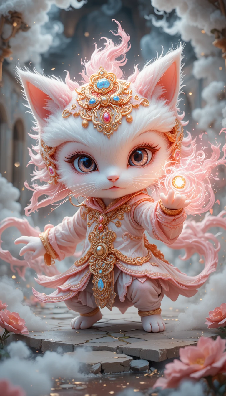 Pink fantasy cat warrior casting glowing cloud magic