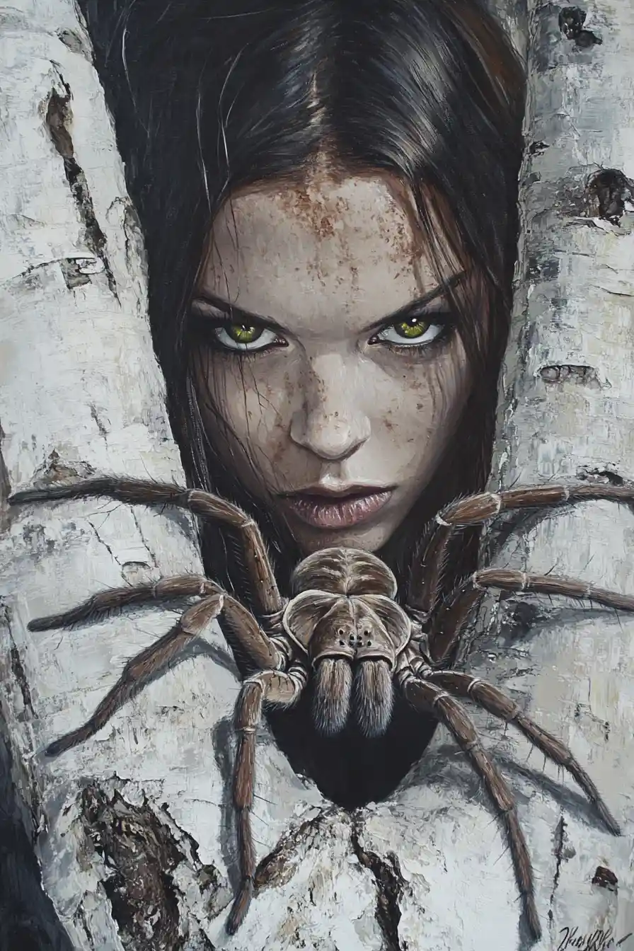 Sinister woman behind birch tree with giant tarantula