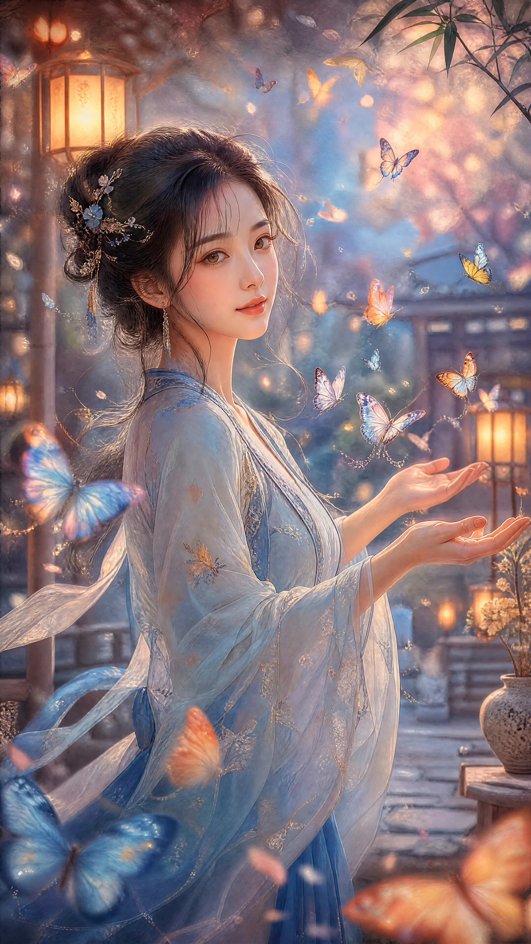 Serene Asian woman releasing butterflies in a pastel garden