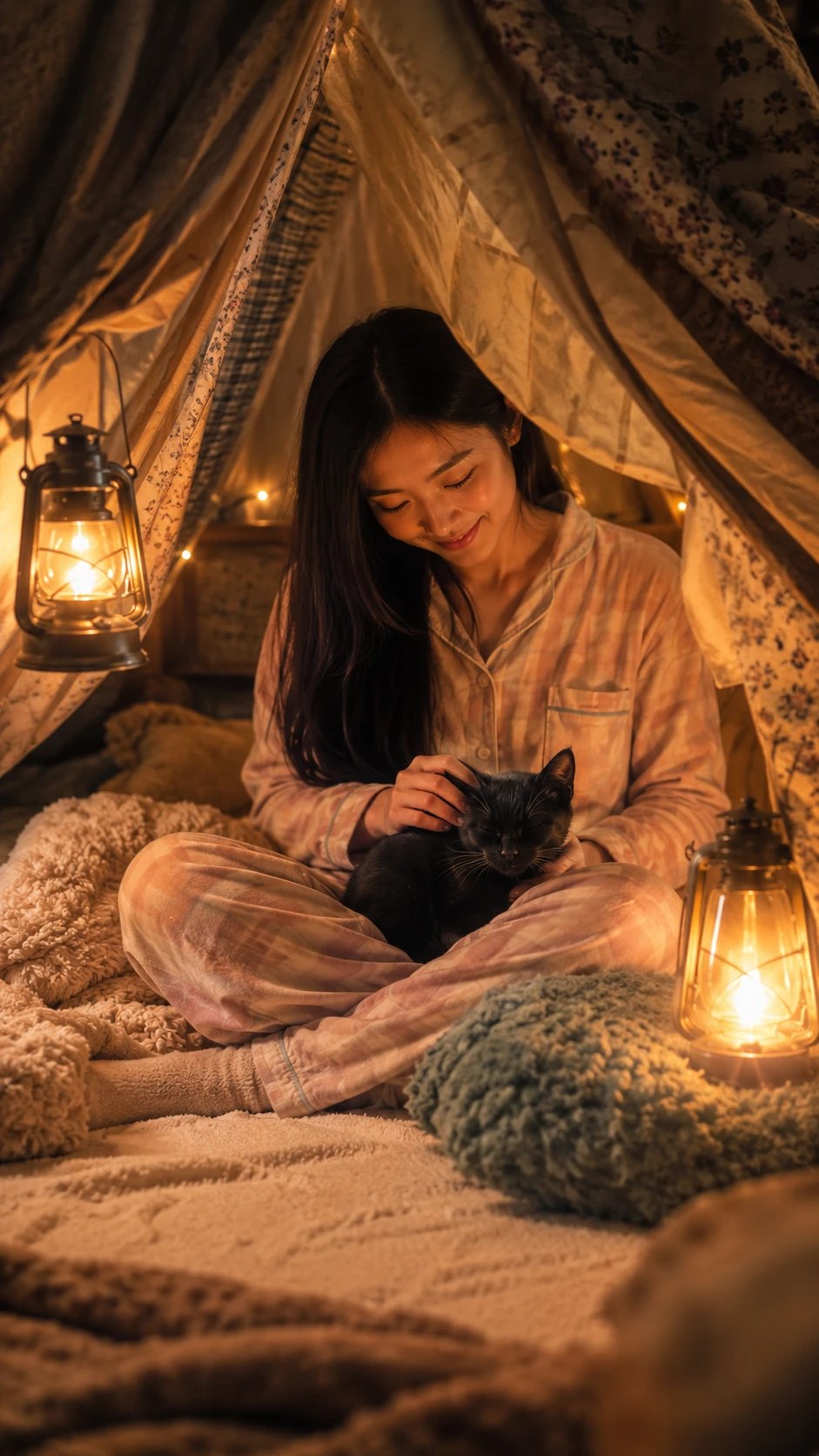 Woman cuddling a kitten inside a cozy blanket fort