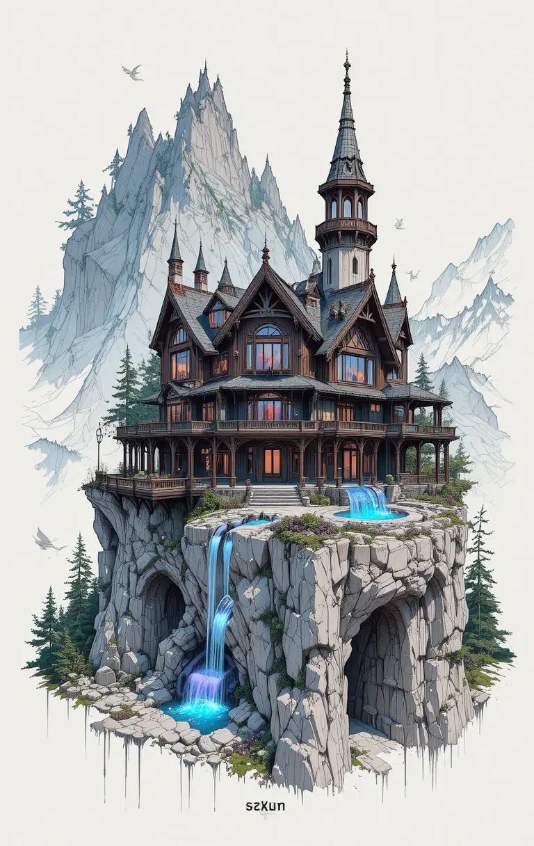 Fantasy mountain house with cascading cliffside pools