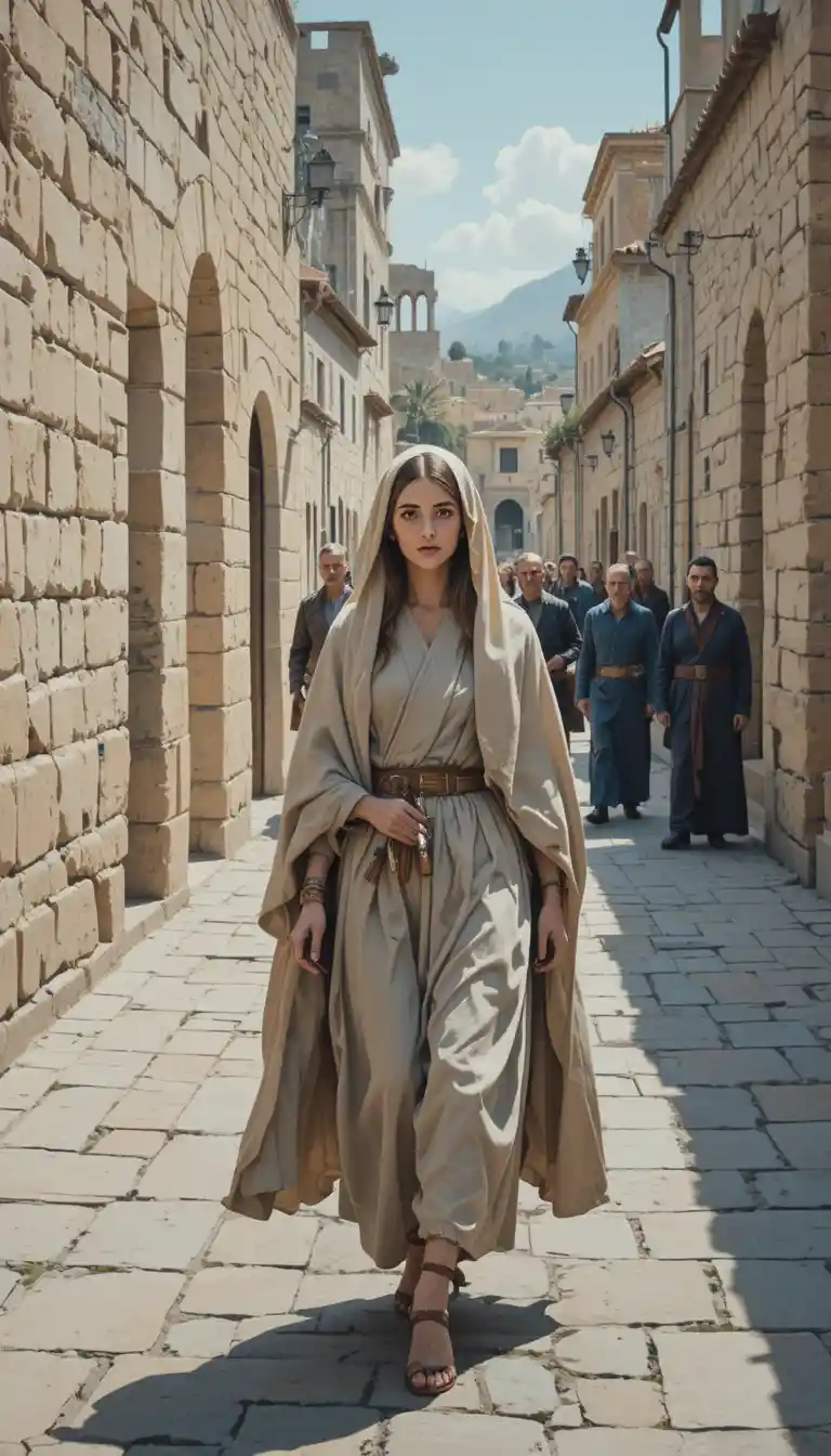 Woman walking quietly through a narrow street in ancient Jerusalem