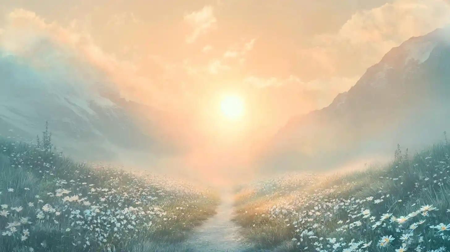 Sunrise light on a mountain path through wildflowers