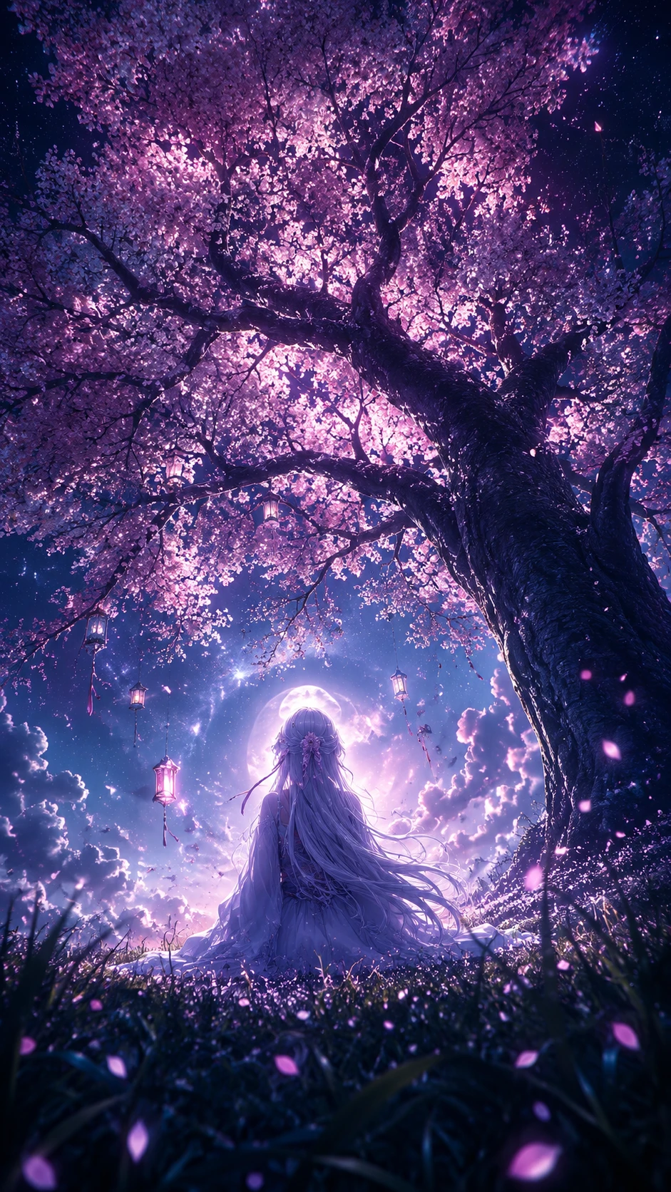 Chica de anime de cabello plateado bajo un cerezo al atardecer