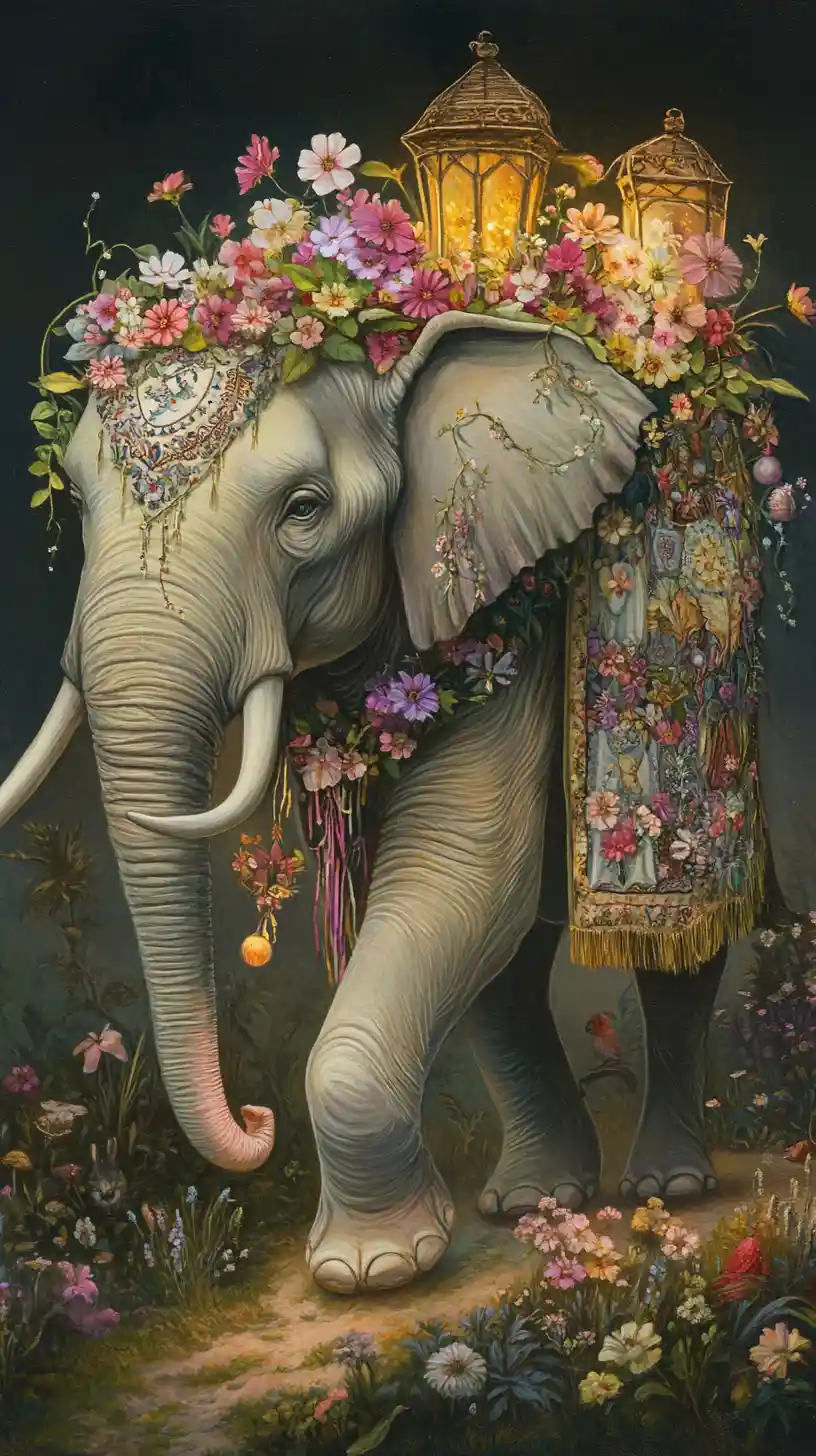 Gentle elephant carrying a blooming blanket of woodland gifts