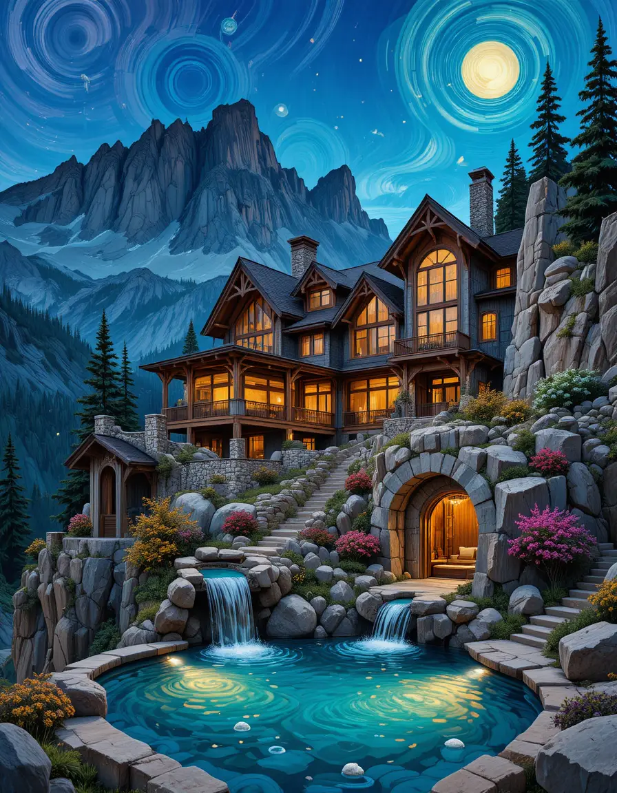 Fantasy mountain castle house with cascading cliffside pools