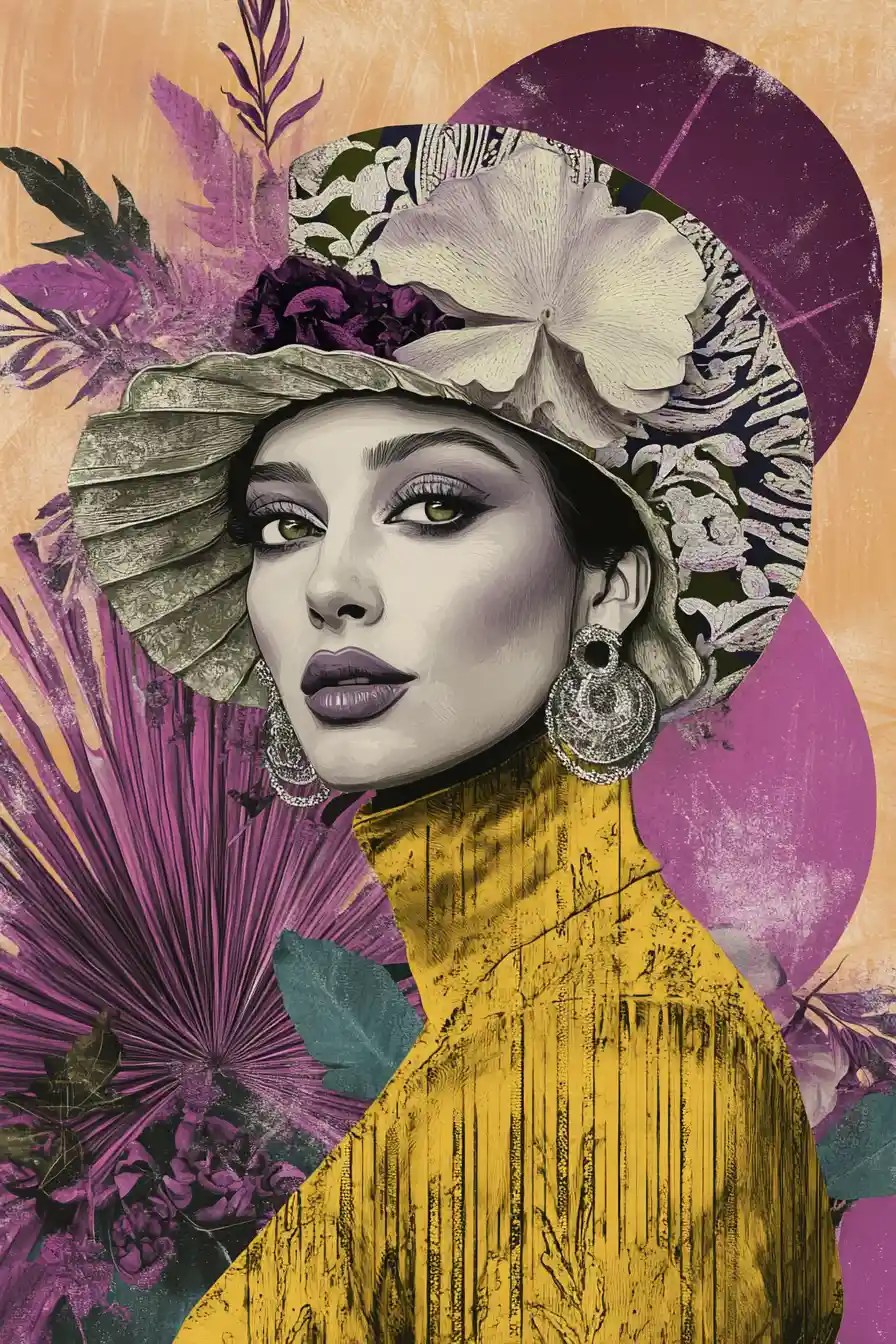 Regal woman in floral headpiece with abstract violet background
