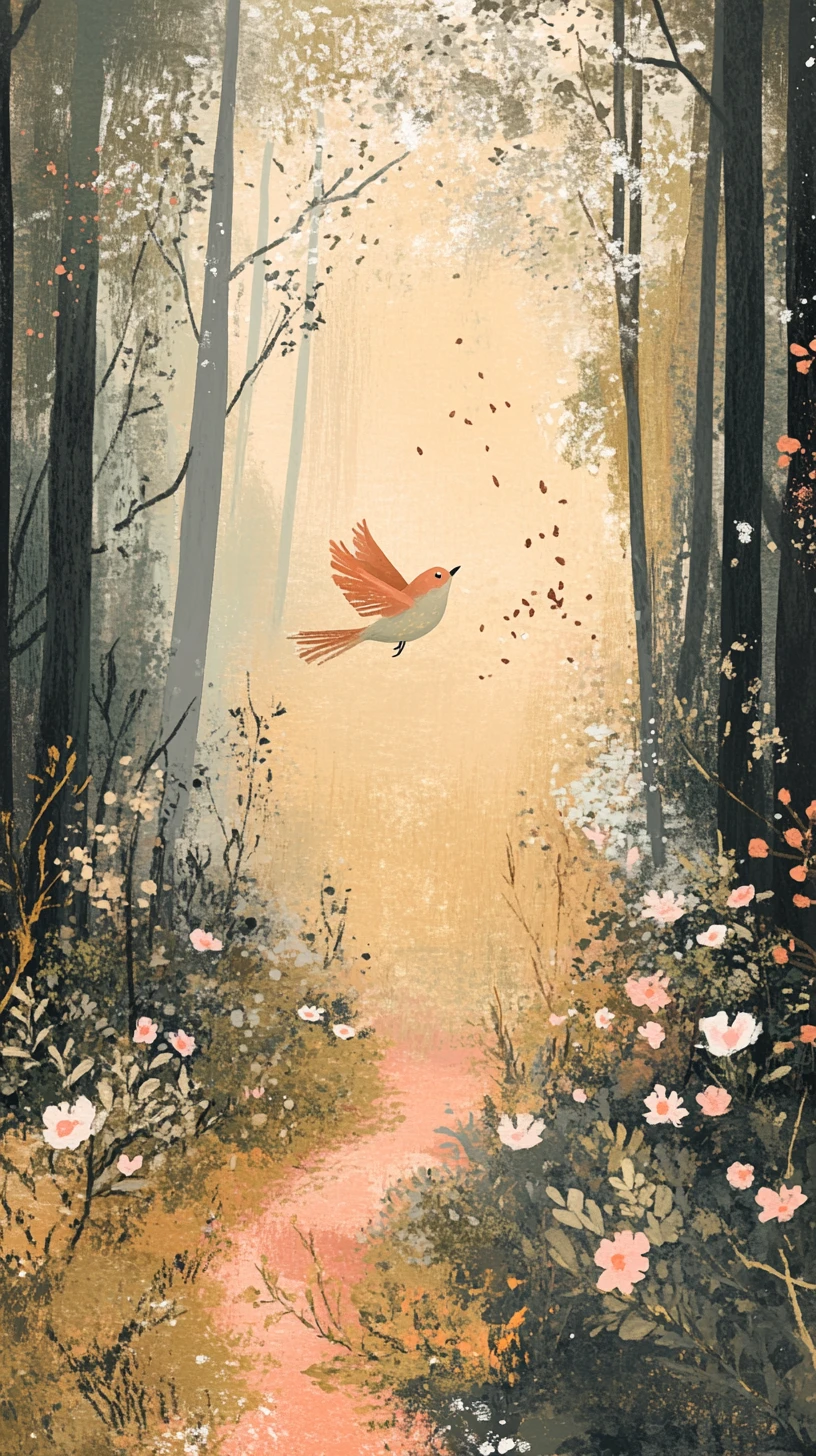 Tiny bird carrying seeds through a blooming spring forest