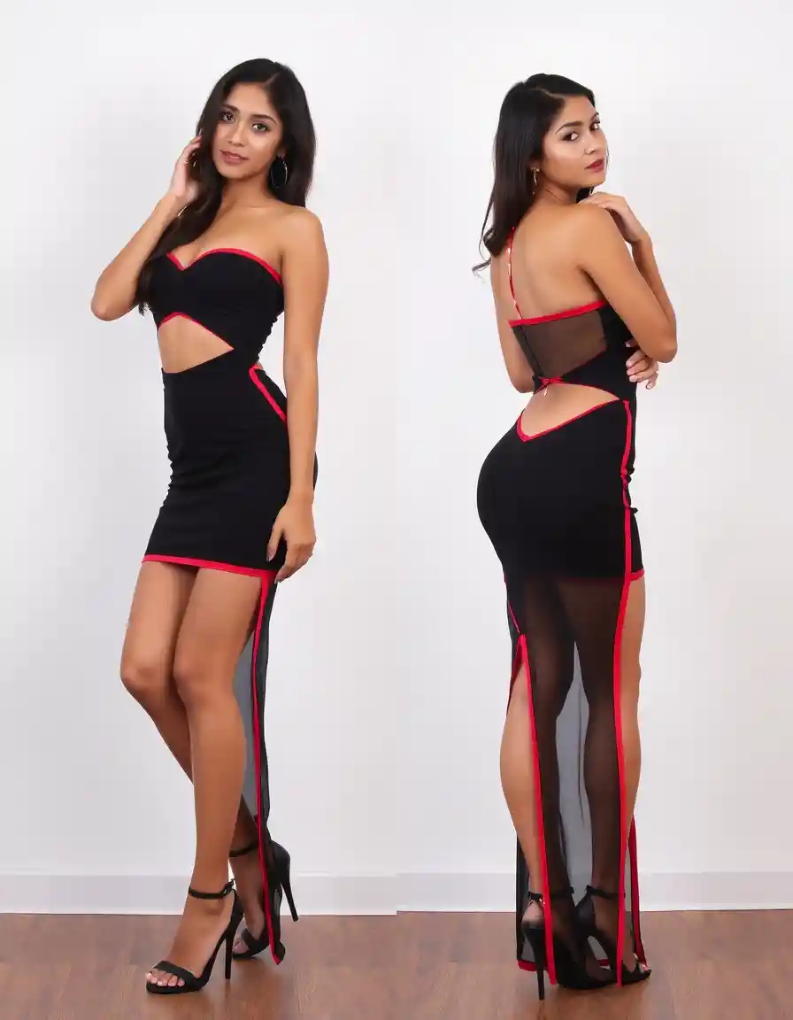 South Asian woman in sheer strapless mini club dress