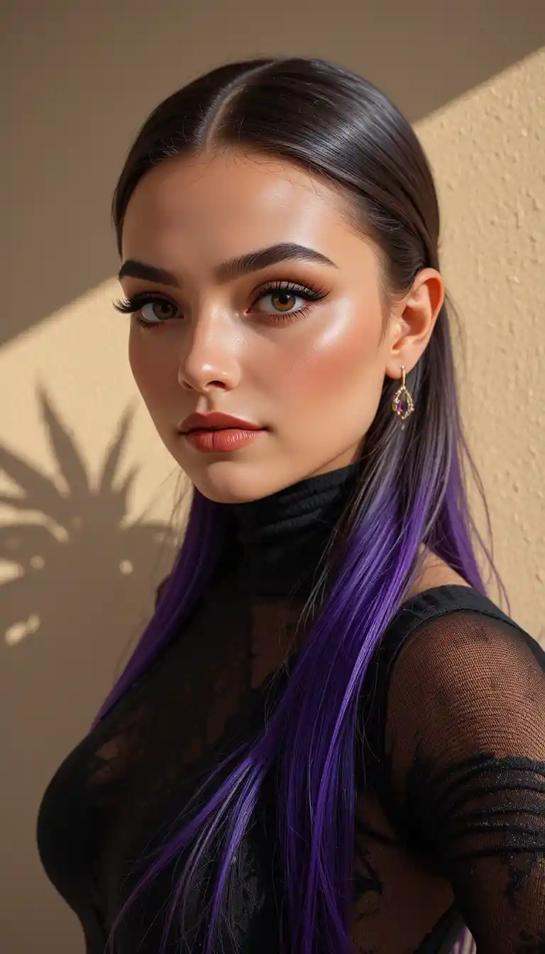 Donna sicura di sé con punte dei capelli viola in un ritratto caldo