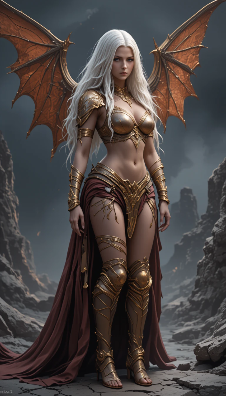 White haired dragon winged warrior woman on stone ruins
