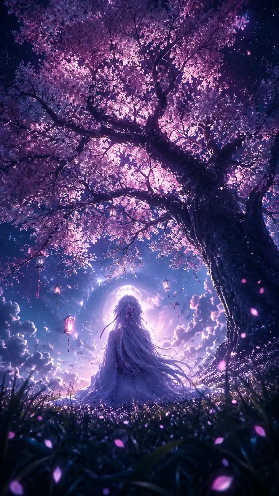 Silver haired anime girl under a twilight cherry tree