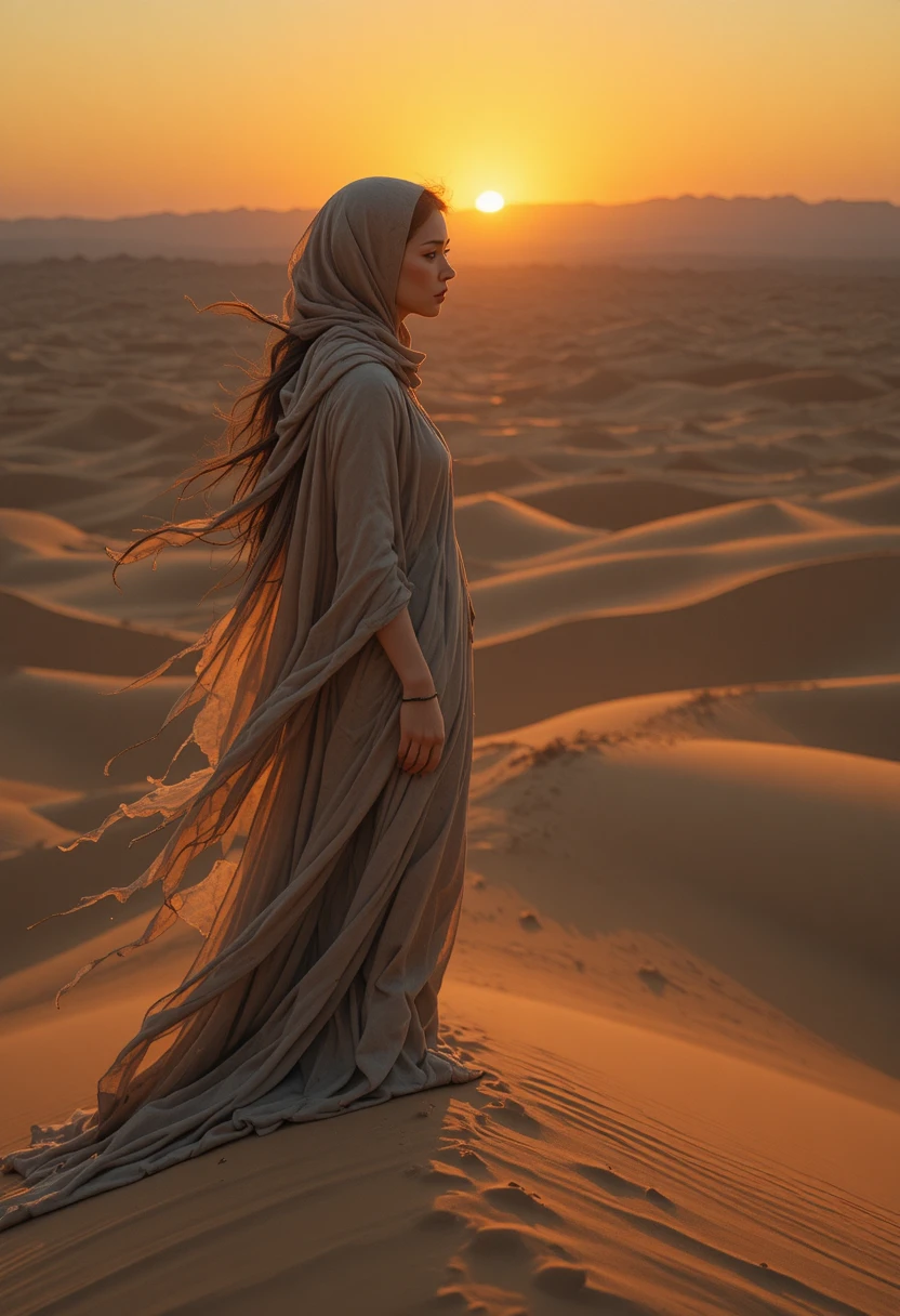 Woman standing on a sand dune in warm desert twilight