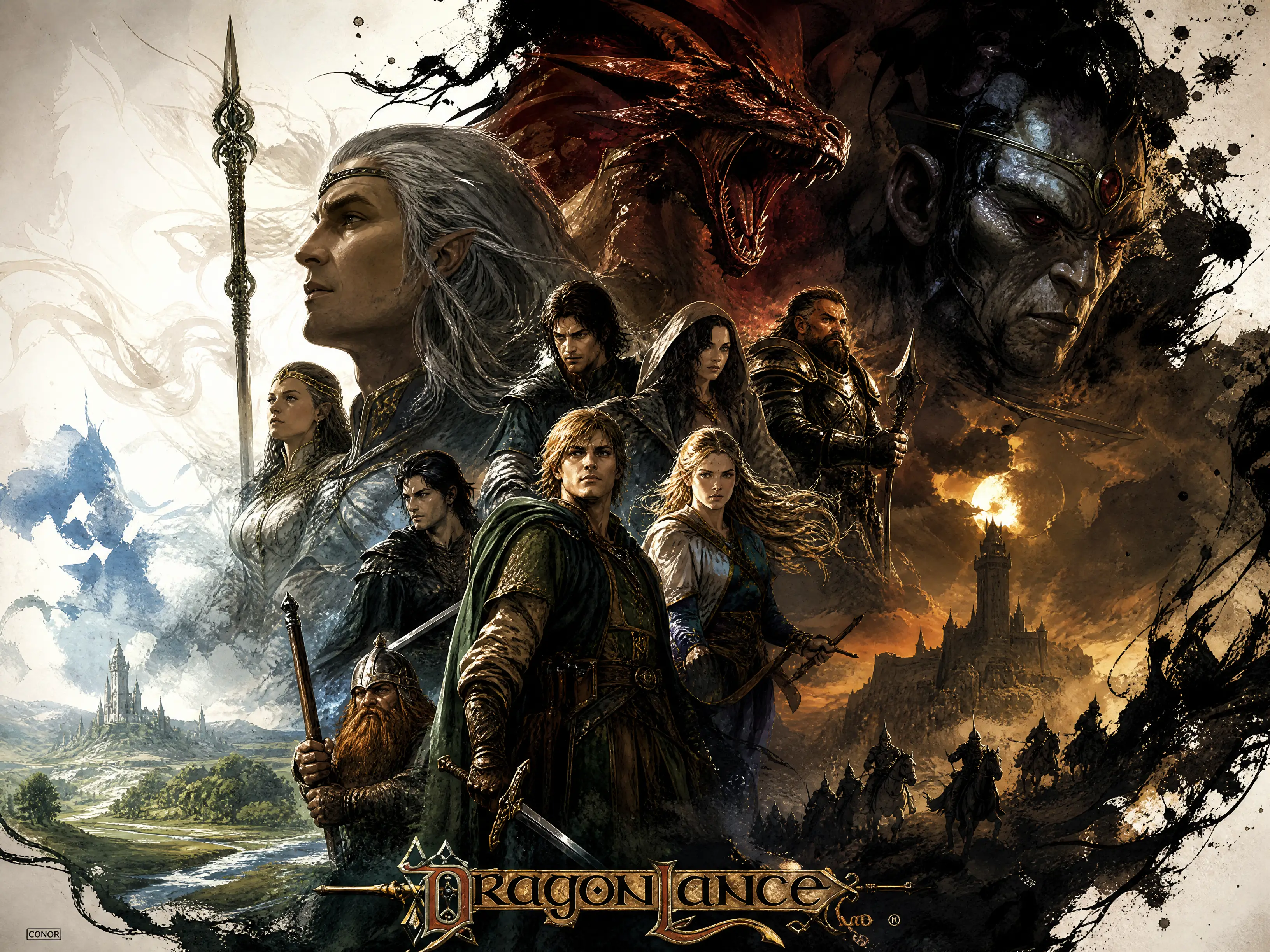 Epic fantasy warrior framed in radiant light and shadow