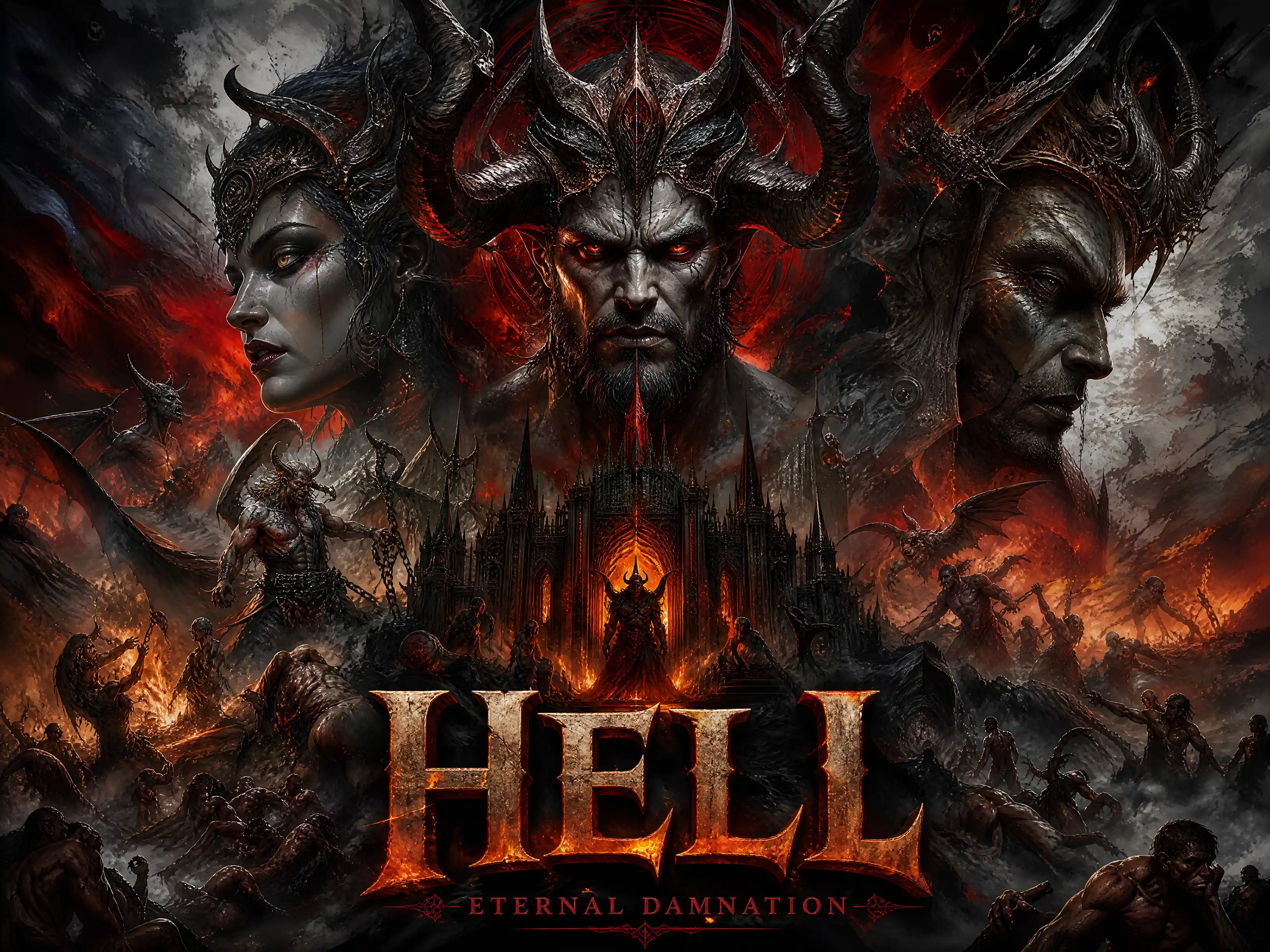 Mythic warrior framed in blazing hellish shadows