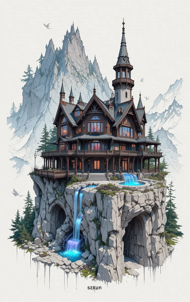 Fantasy mountain house with cascading cliffside pools