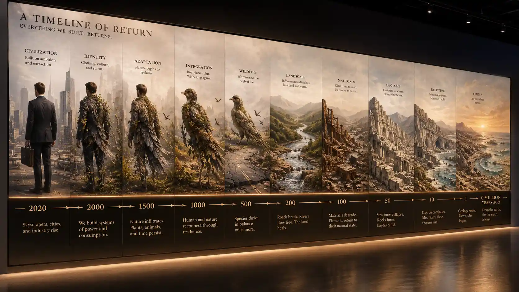 Museum timeline where human history runs in reverse