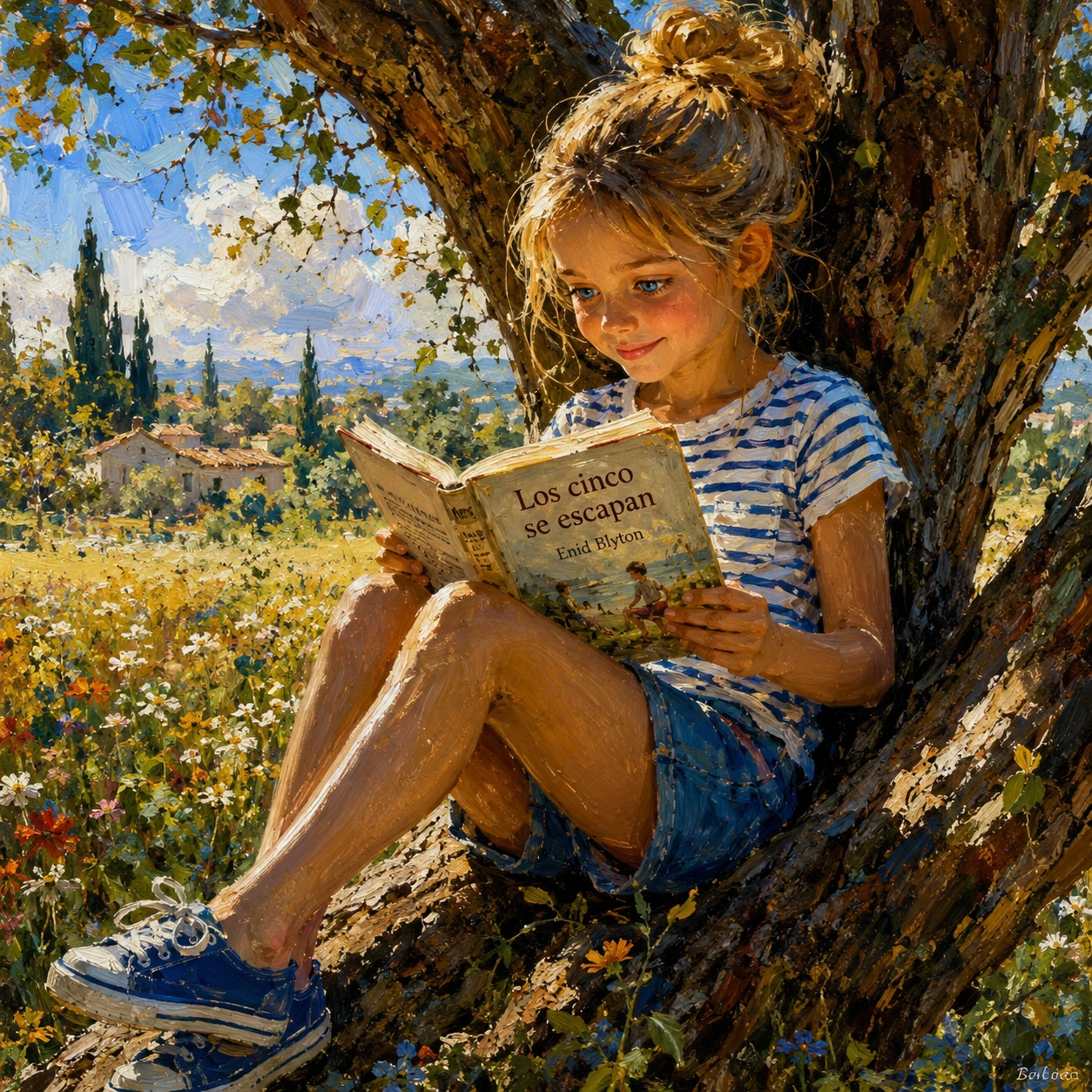 Girl reading a storybook under a tree on a sunny day