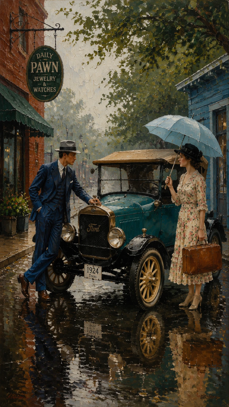 Calle lluviosa impresionista con auto teal vintage y pareja