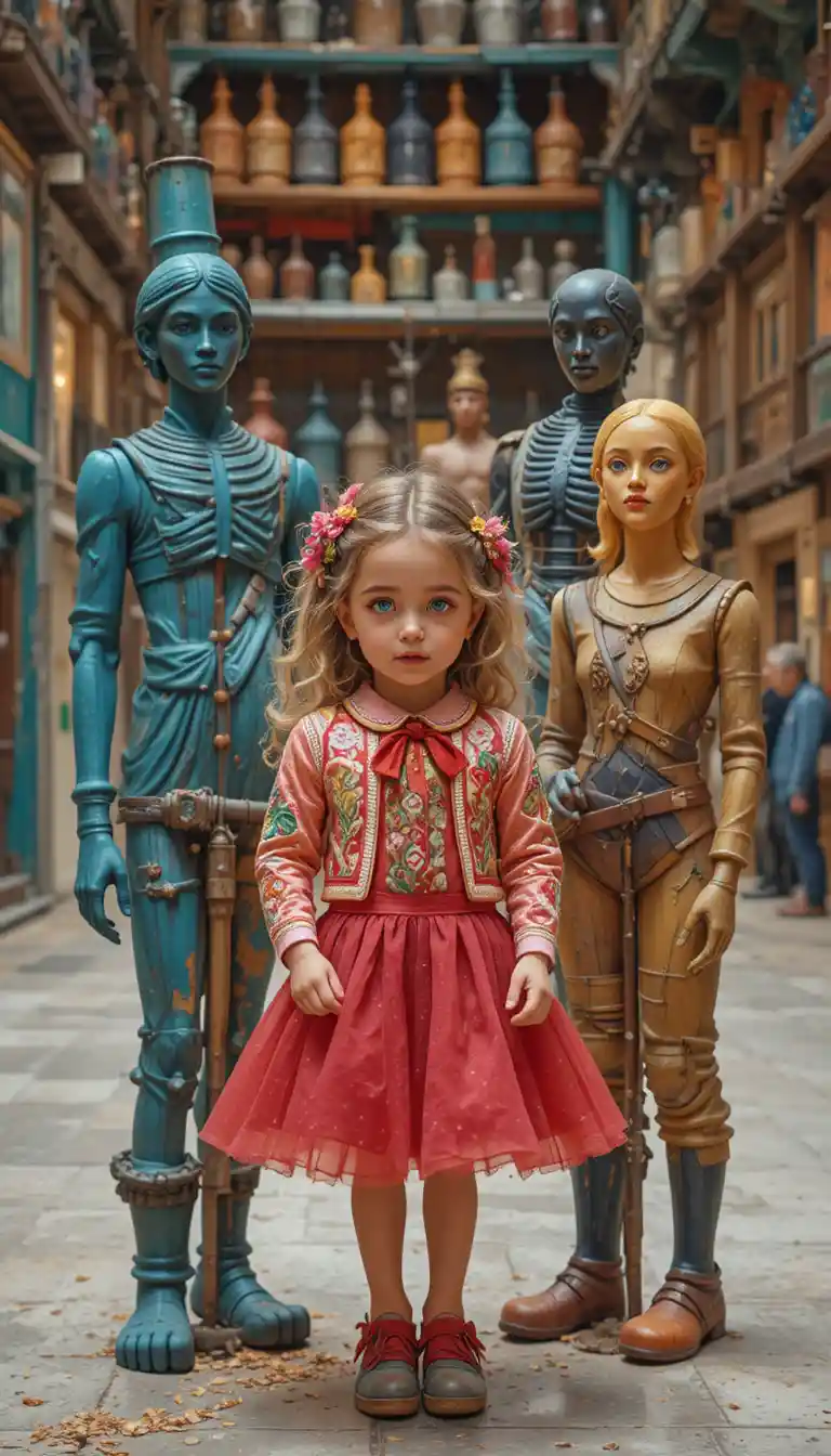 Colorful vintage fabric dolls with a child in the center