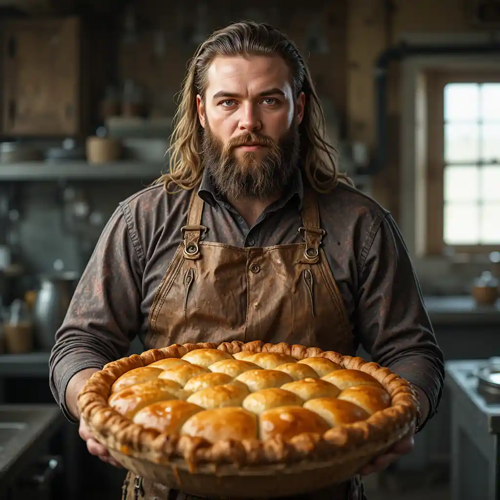 Baker Holding An Enormous Apple Pie In Messy Apron