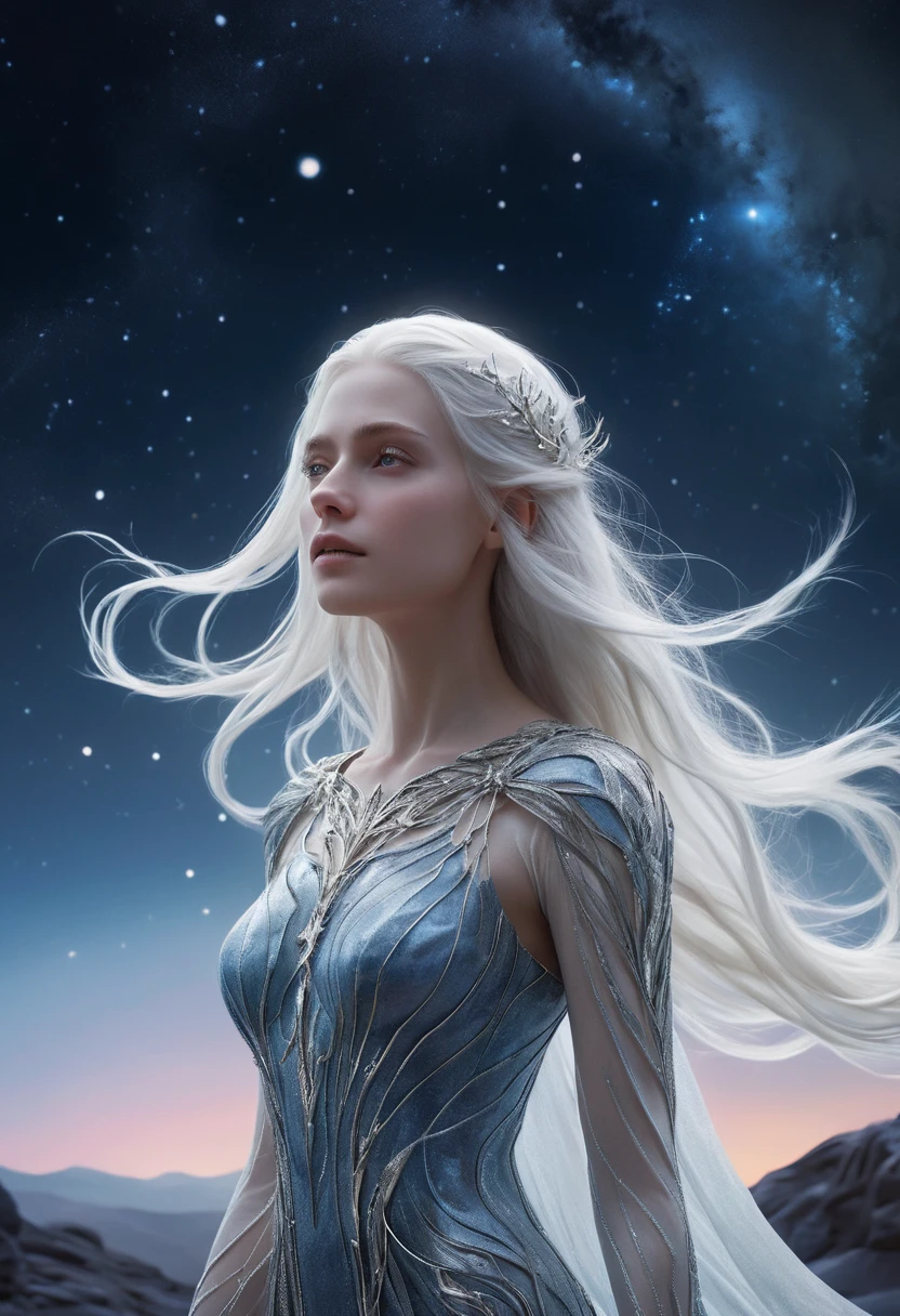Ethereal woman in moonlit alien landscape close up