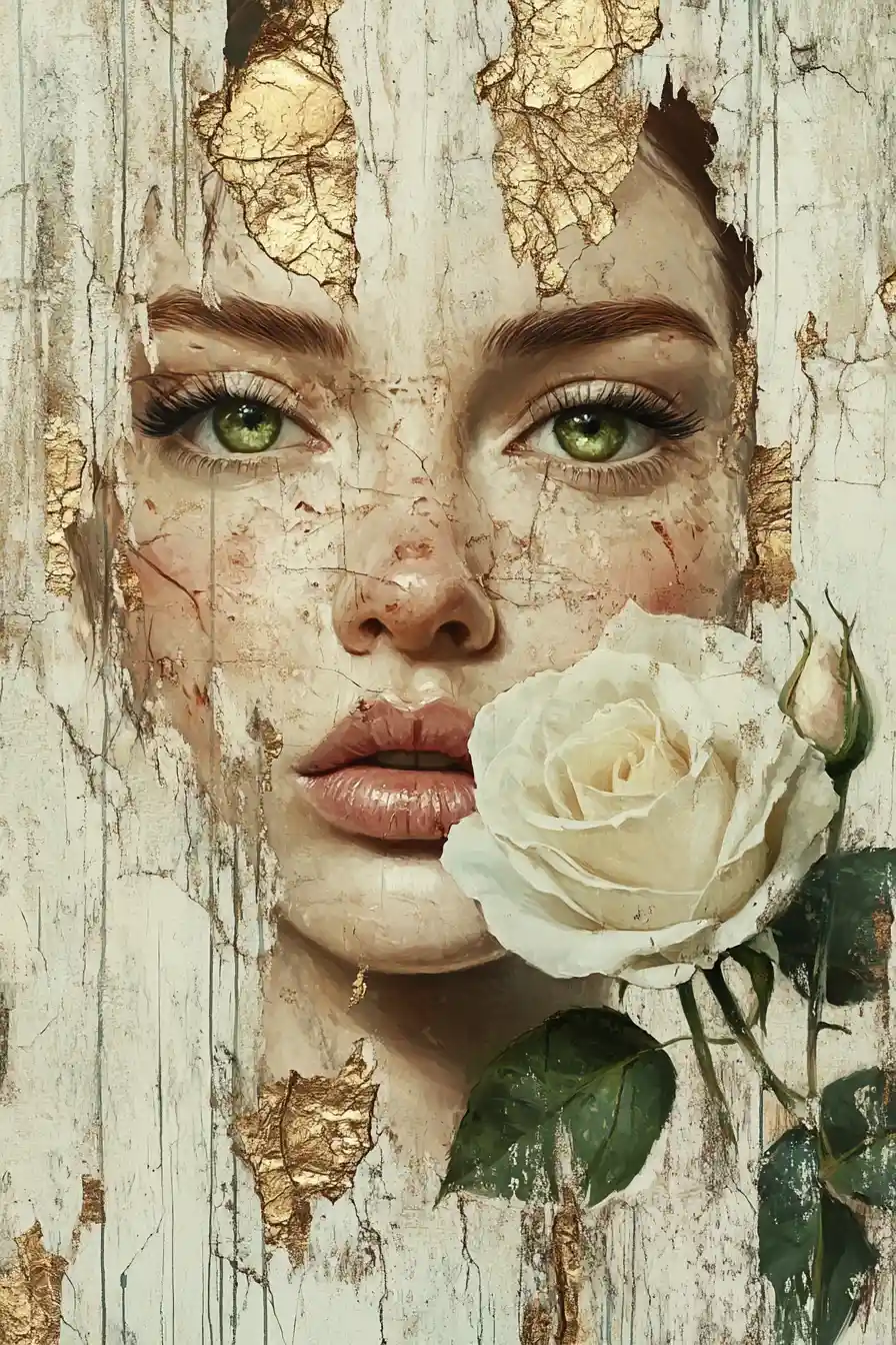 Woman portrait with white rose and textured cracked surface
