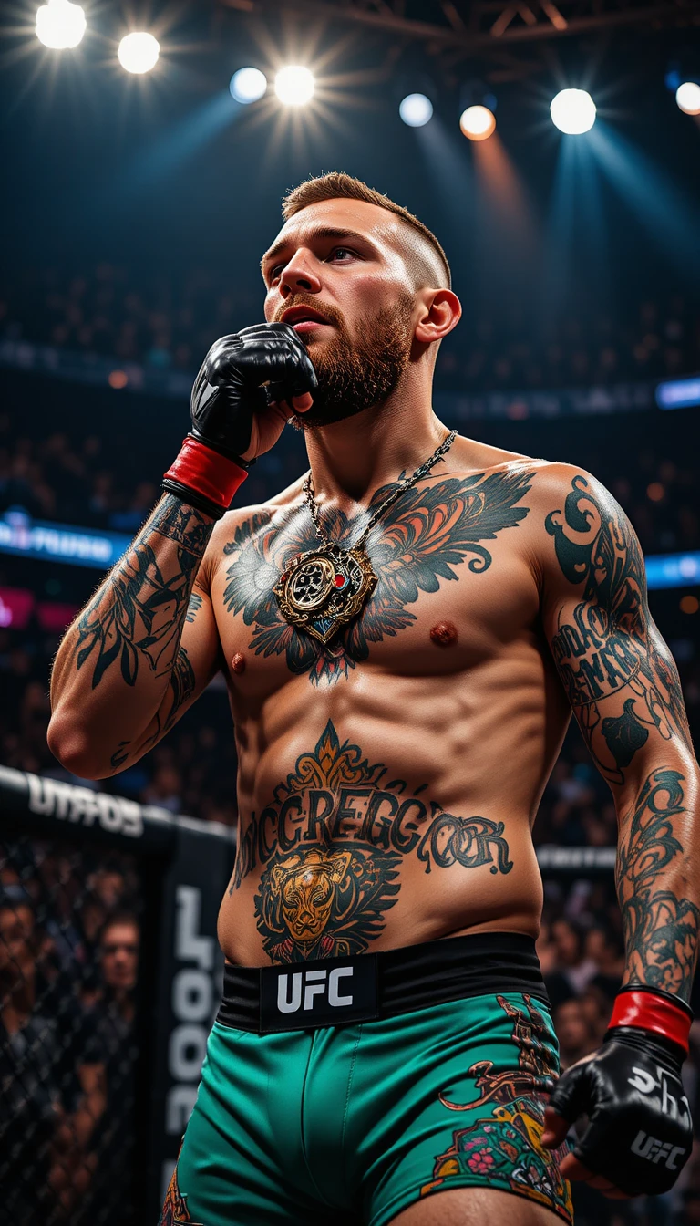 MMA fighter celebrating in the UFC octagon under arena lights