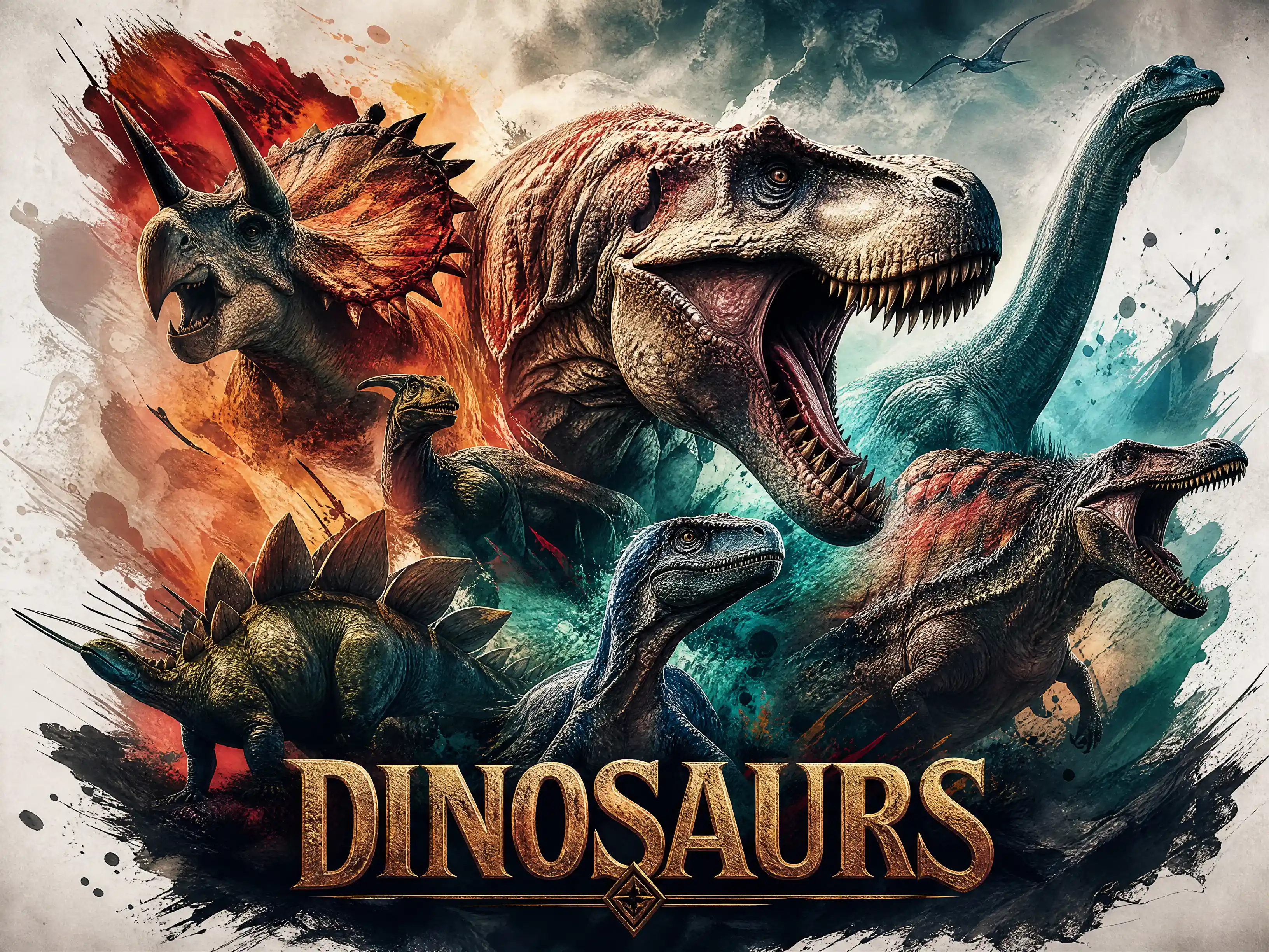 Epic montage of dinosaurs in dramatic fantasy light