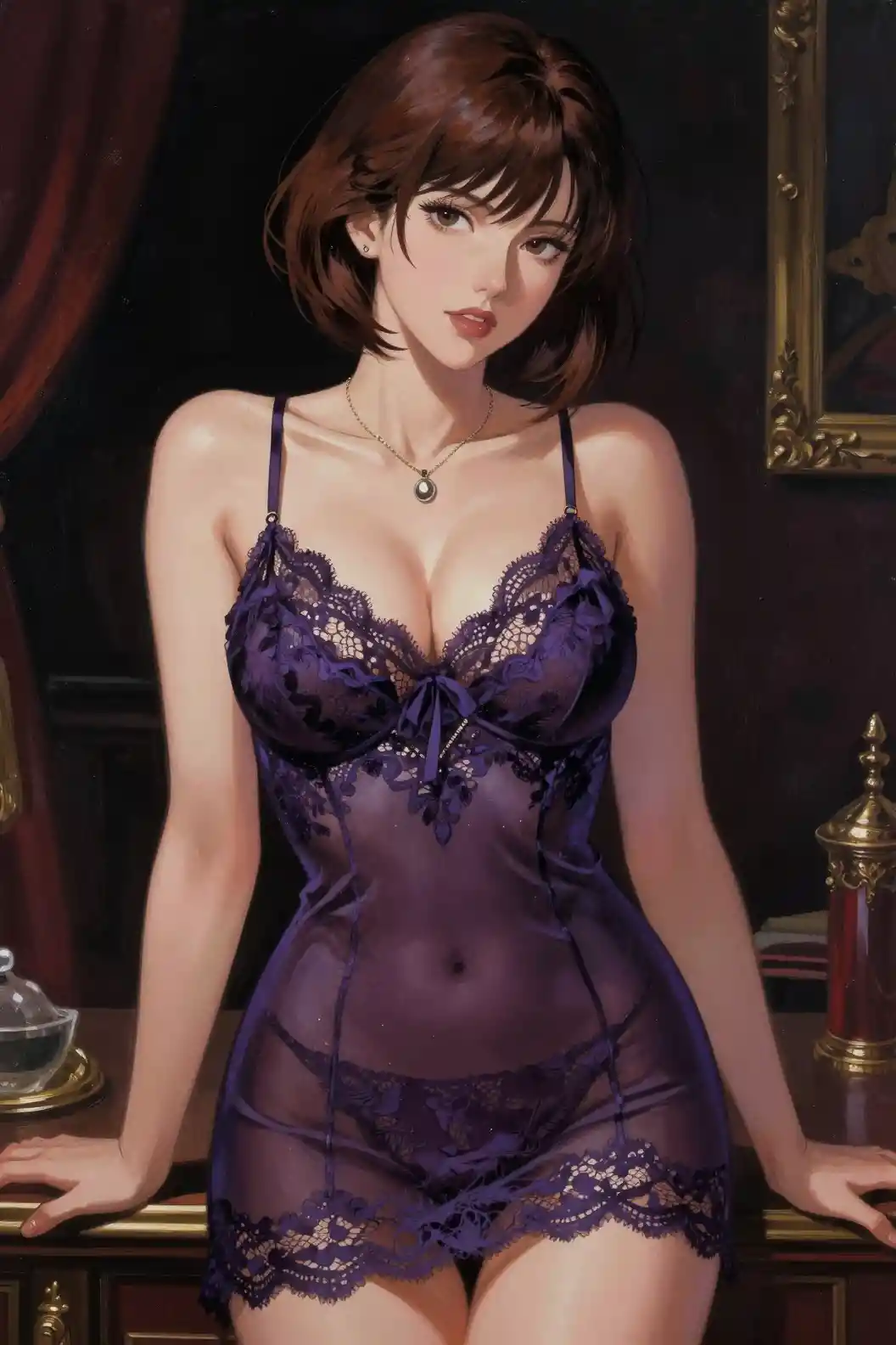 Curvy woman in purple lace nightie facing the viewer