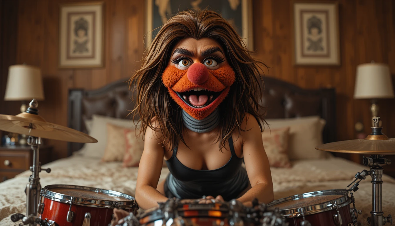 Wild red cartoon drummer in a vibrant blue studio