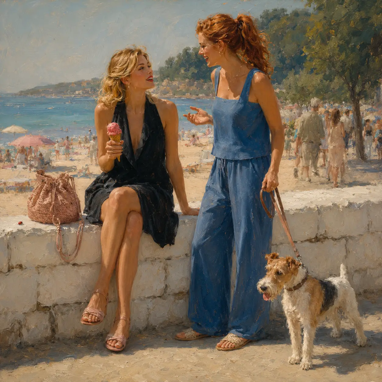 Two women by a white wall overlooking the beach