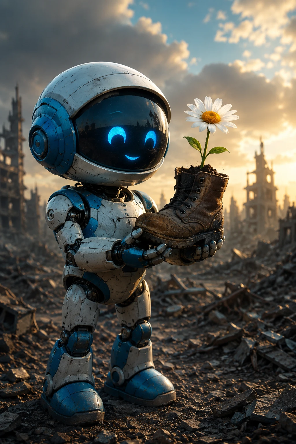 荒廃した景色の中でデイジーを見つけるロボット