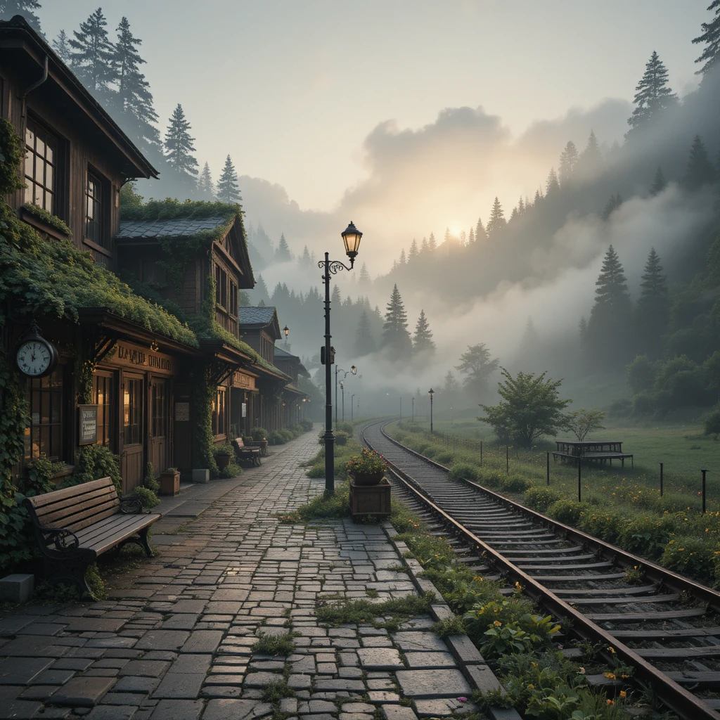 Abandoned Hillside Railway Town In Misty Evening Light