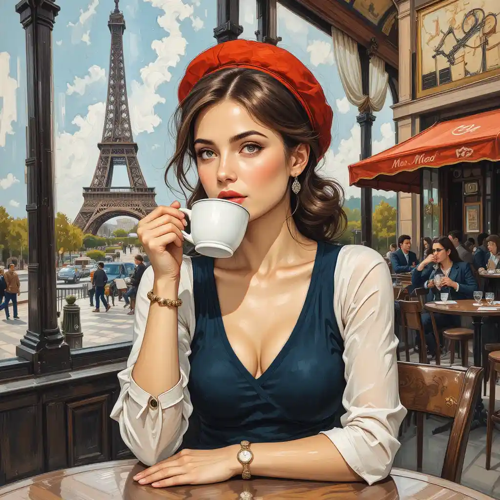 Woman in a beret enjoying coffee at a Parisian bistro