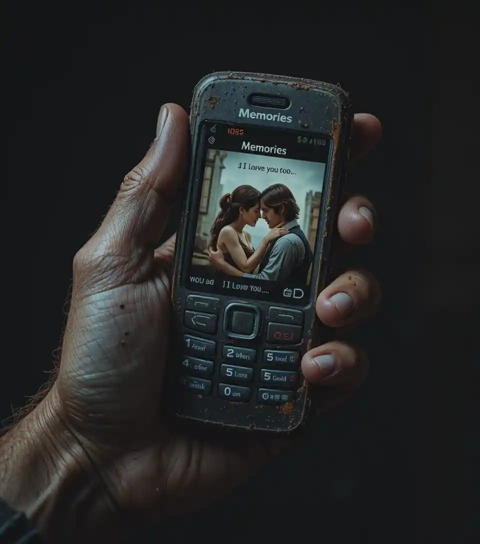 Aged hand holding an old mobile phone glowing with memories