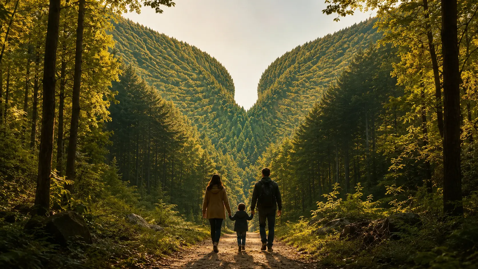 Family walking through forest framed as vast angel wings