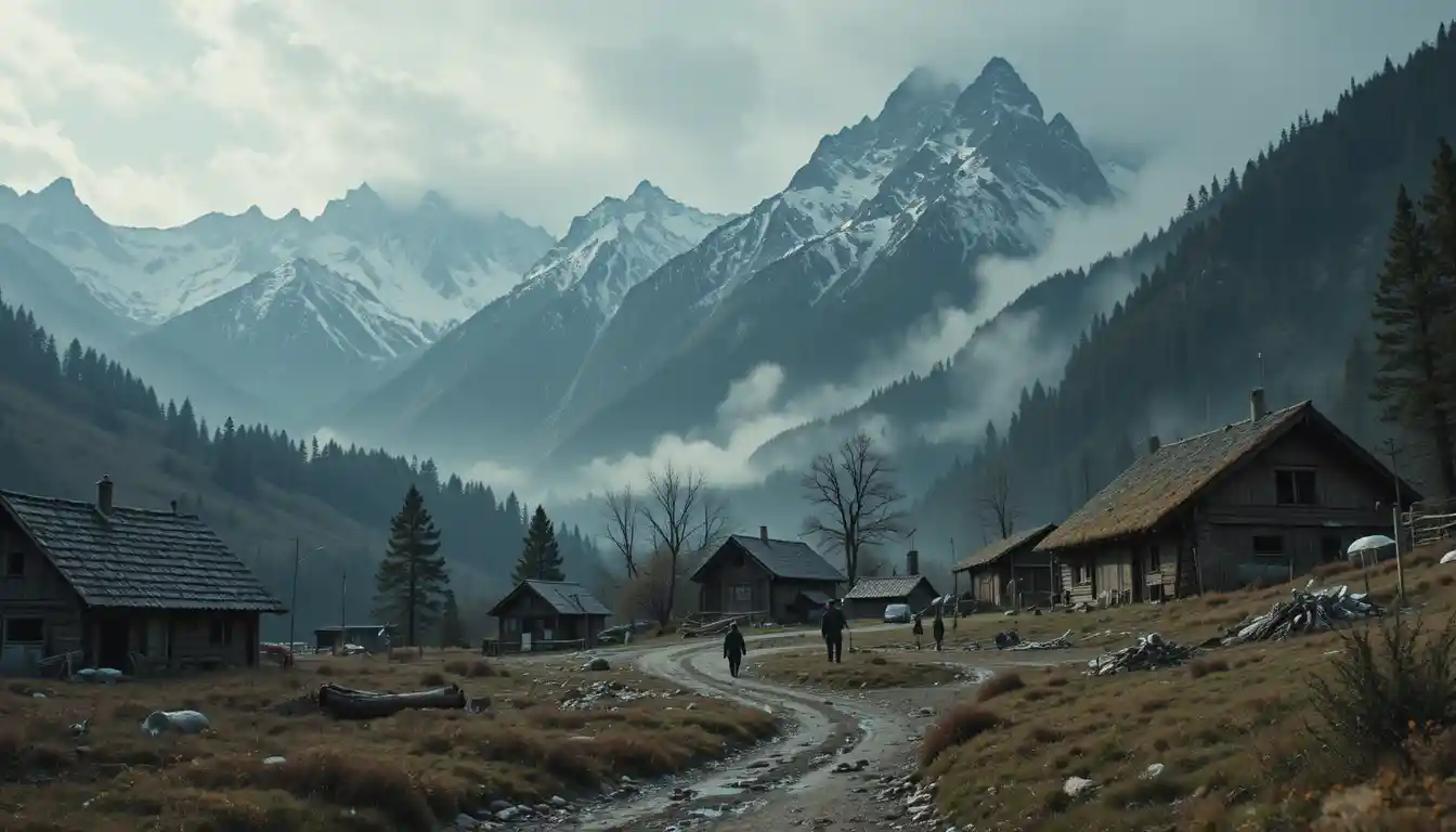 Fearful villagers facing an unseen growing mountain threat