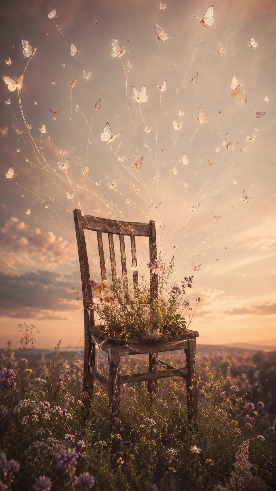 Weathered wooden chair in a meadow of wildflowers