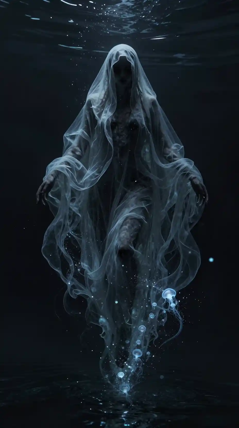 Mysterious figure floating in dark ocean with glowing sea foam