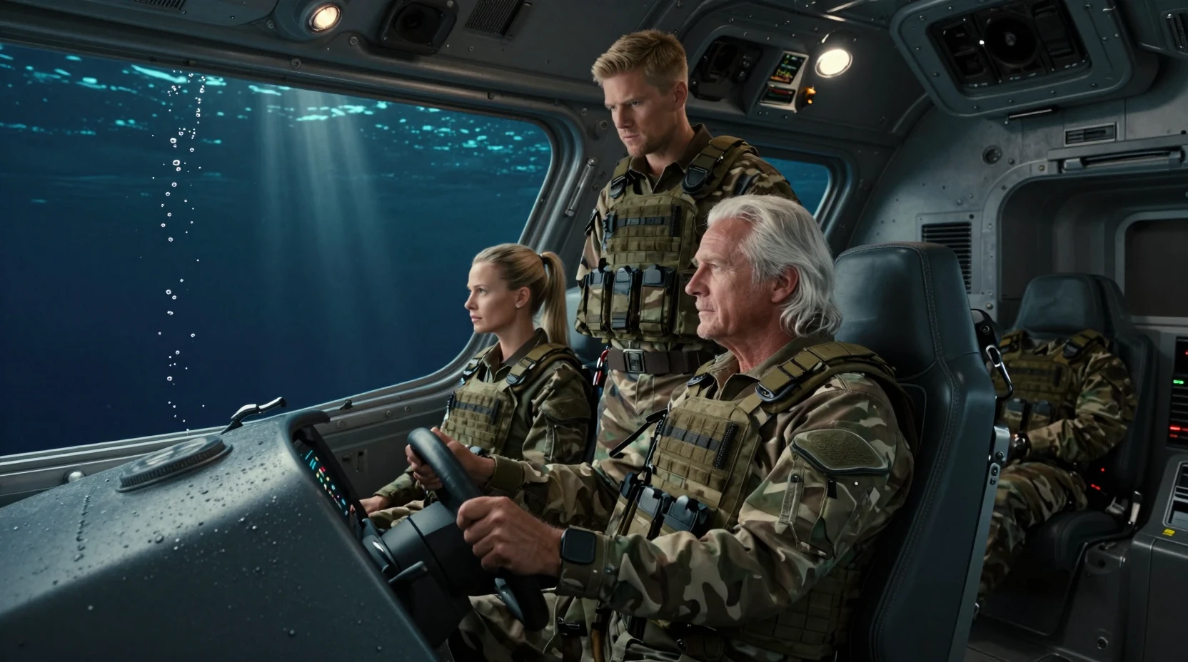 Armed crew in submarine cockpit beneath the dark ocean