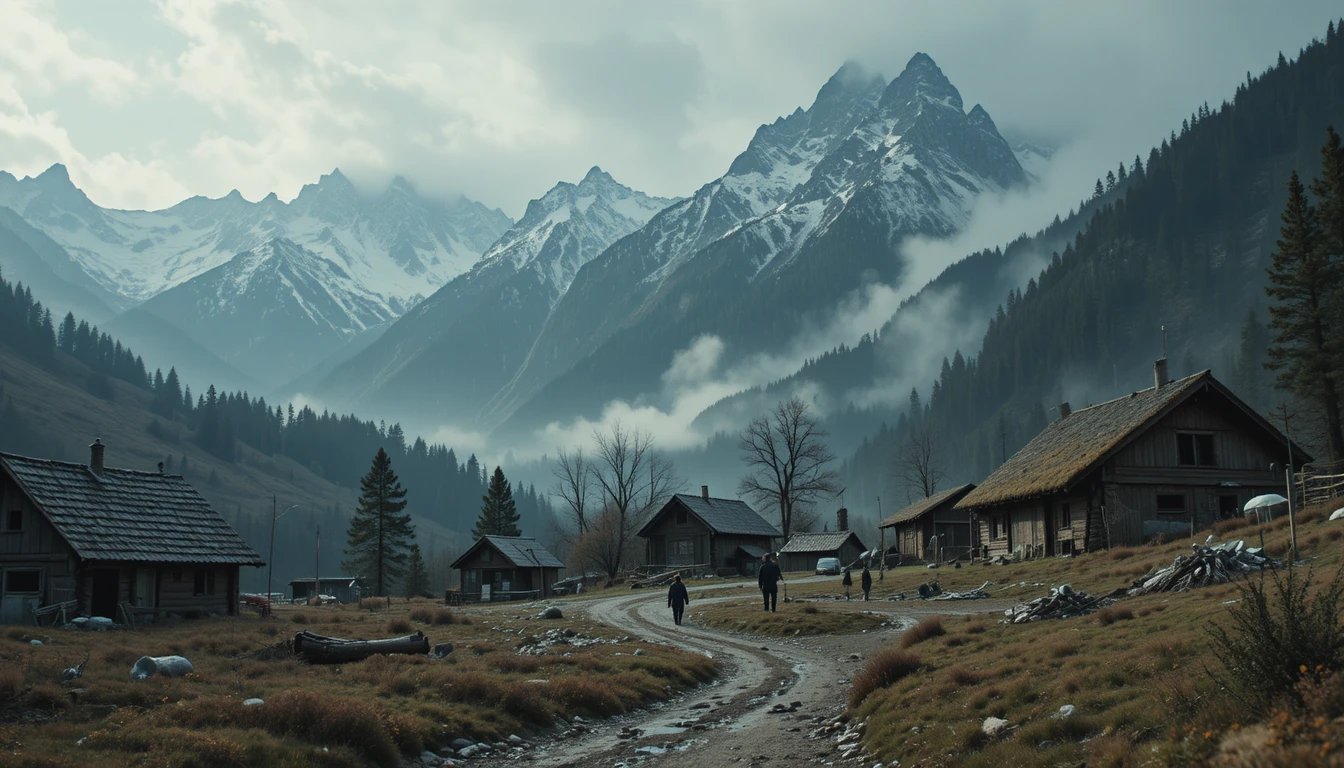 Fearful villagers facing an unseen growing mountain threat