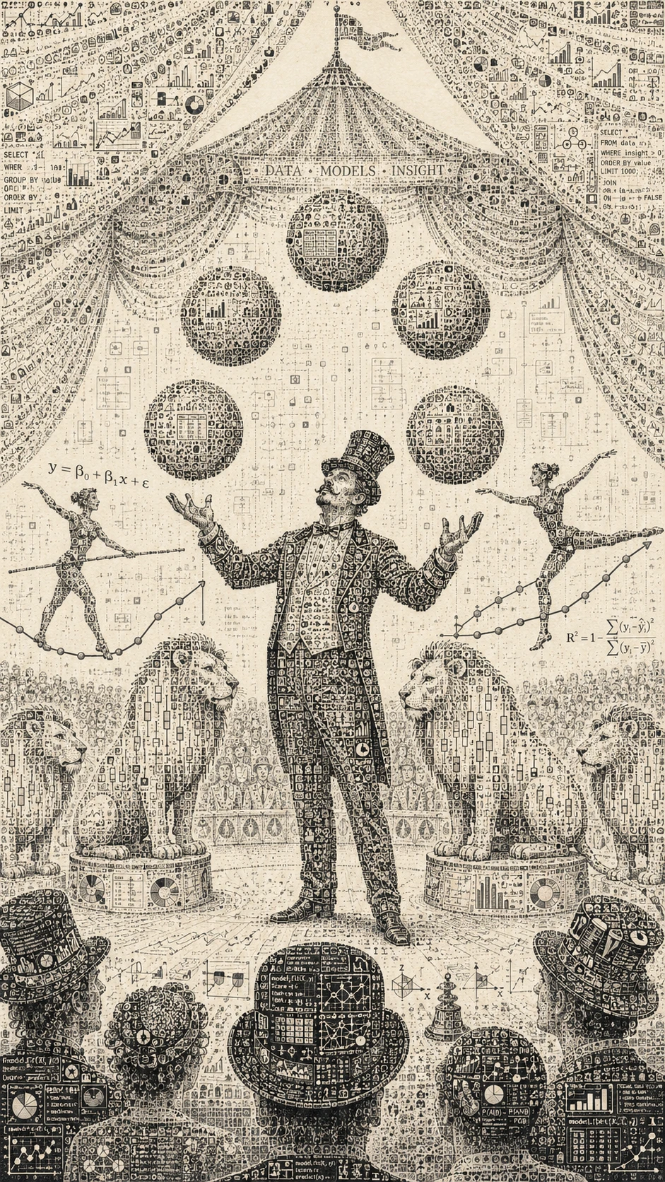 Ringmaster juggling swirling abstract data visualizations
