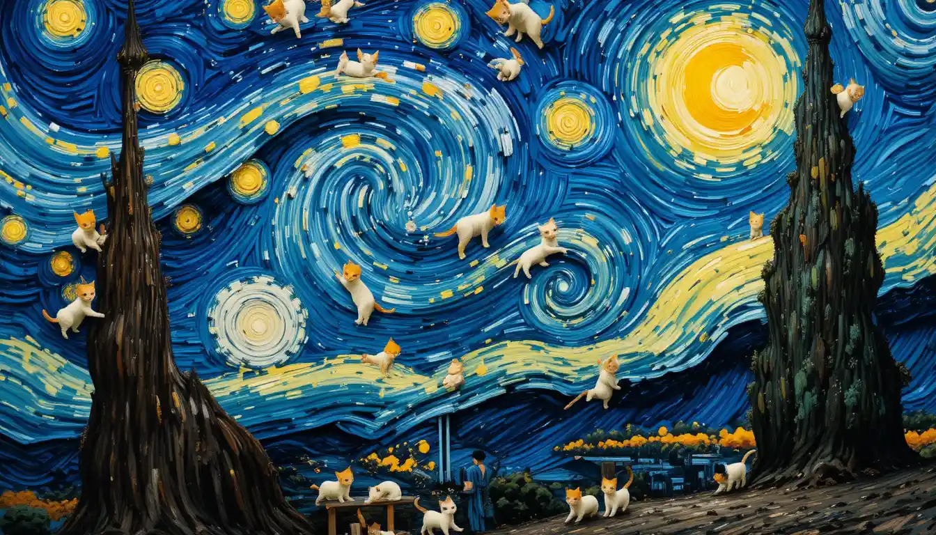 Playful Cat Swirls In A Starry Night Inspired Sky