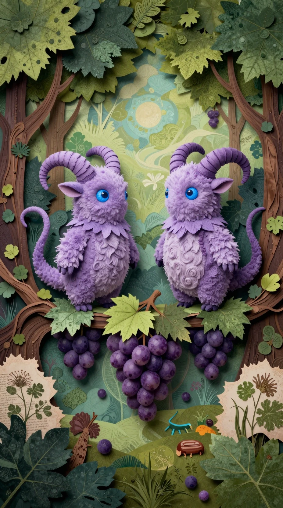 Whimsical lavender creatures on a paper collage grapevine