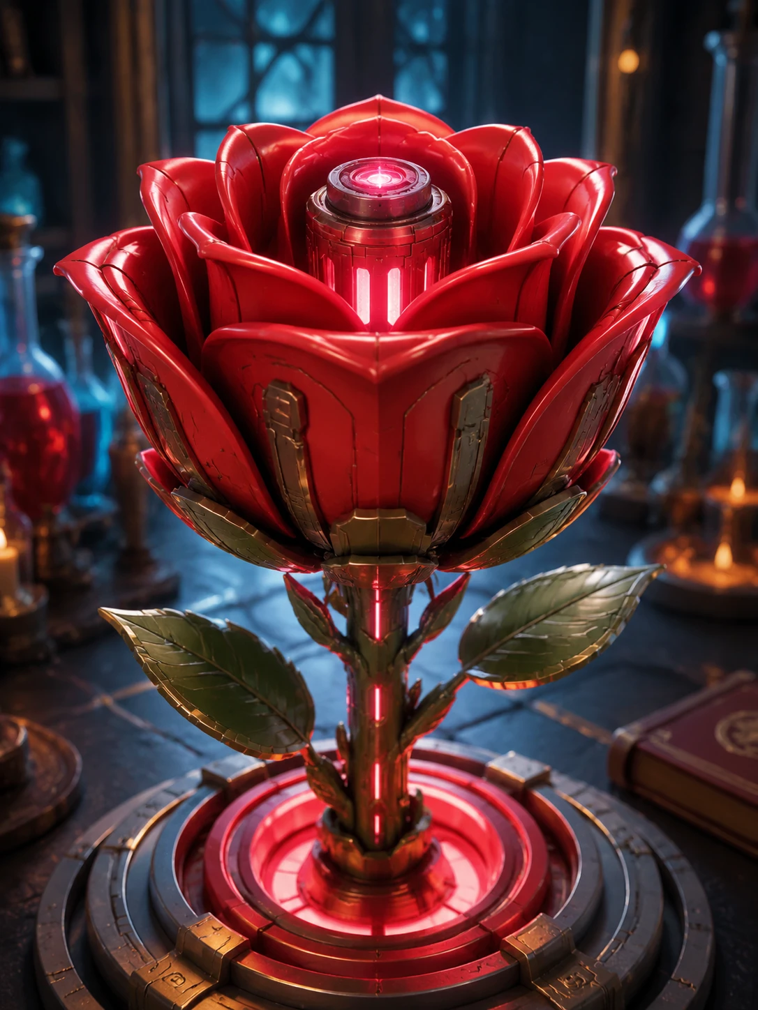 Close up mechanical red rose with sci fi reactor core