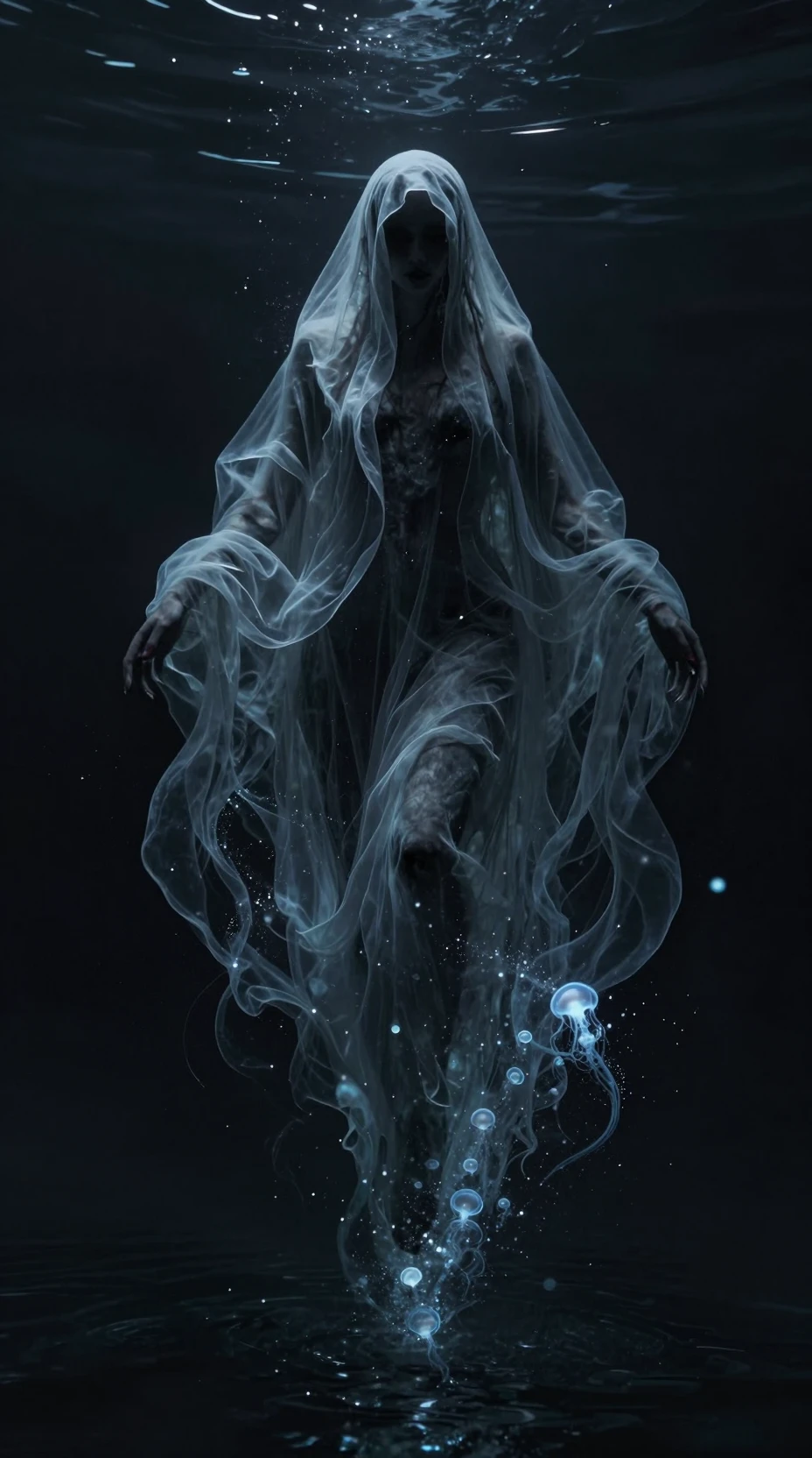 Mysterious figure floating in dark ocean with glowing sea foam