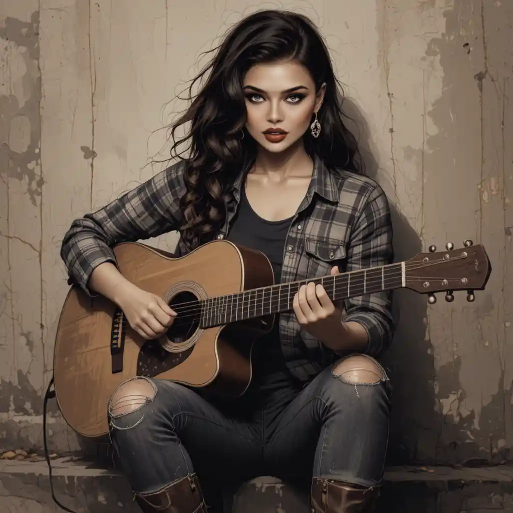 Young woman playing acoustic guitar in sepia sketch style